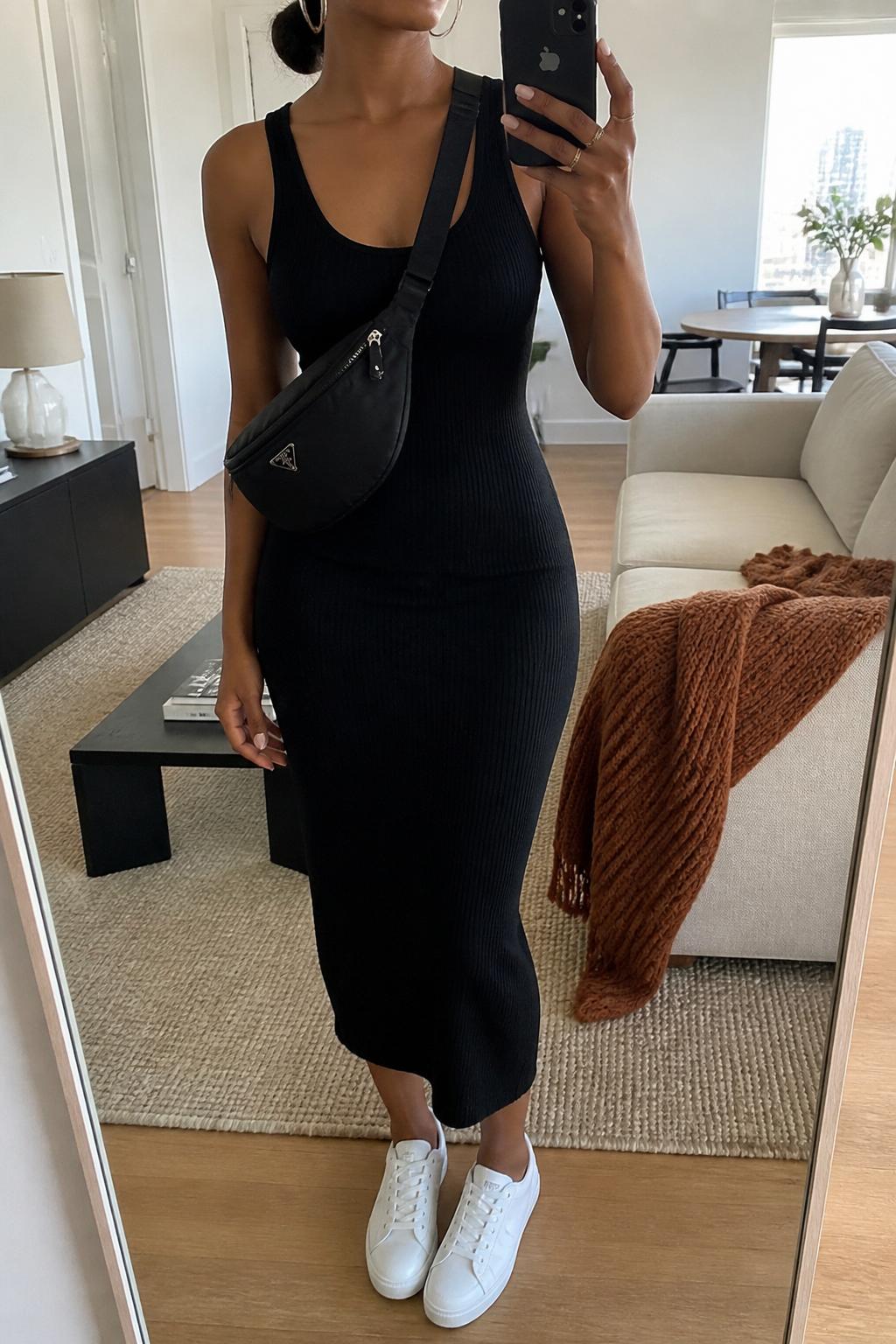 IMAGE_PROMPT: mirror selfie of a black woman wearing a black ribbed tank midi dress, white low-top sneakers, black nylon crossbody bag, silver hoop earrings, and loose low bun, clearly showing the same clothing items listed in the Outfit Pieces section, holding a phone in front of a mirror, cropped at the NECK so the face does not show, relaxed casual selfie pose, in a stylish city apartment living room, soft morning light, with throw blanket on a living room sofa, latest iPhone photo quality.