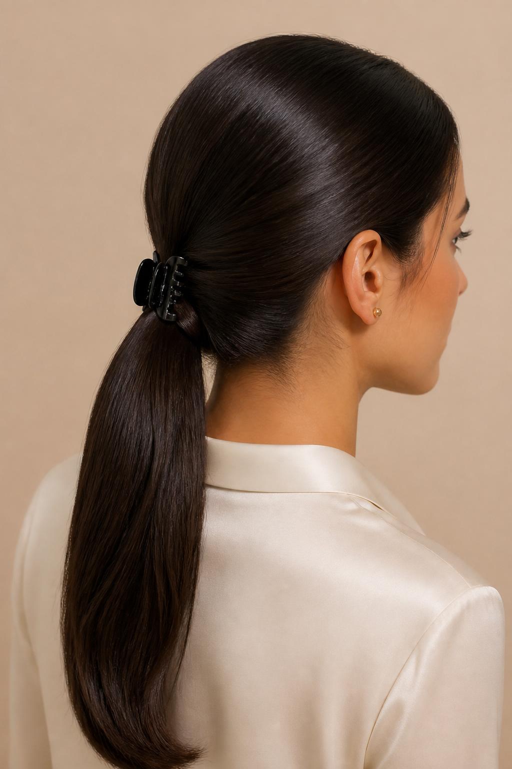 Image Prompt:
A realistic editorial beauty photo of a woman with long sleek dark brown hair styled into a low banana clip ponytail, center part, smooth glossy finish, classic black banana clip holding the hair at the back, ponytail falling straight and polished, side and back three-quarter angle, fitted cream blouse, gold stud earrings, soft beige studio background, clean modern hairstyle inspiration, high-resolution DSLR photography, no text, (no watermarks on images)