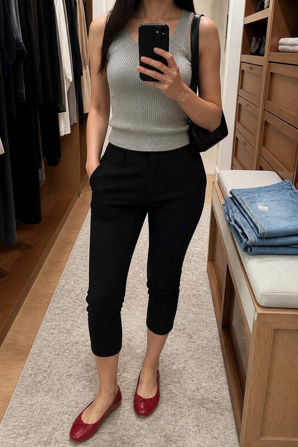 IMAGE_PROMPT: mirror selfie of a woman wearing a grey ribbed tank top, black fitted capri pants, red leather ballet flats, small black shoulder bag, and sleek straight hair, clearly showing the same clothing items listed in the Outfit Pieces section, holding a phone in front of a mirror, cropped at the NECK so the face does not show, relaxed casual selfie pose, in a walk-in closet mirror, soft indoor lighting, with folded denim jeans on a bench, latest iPhone photo quality.