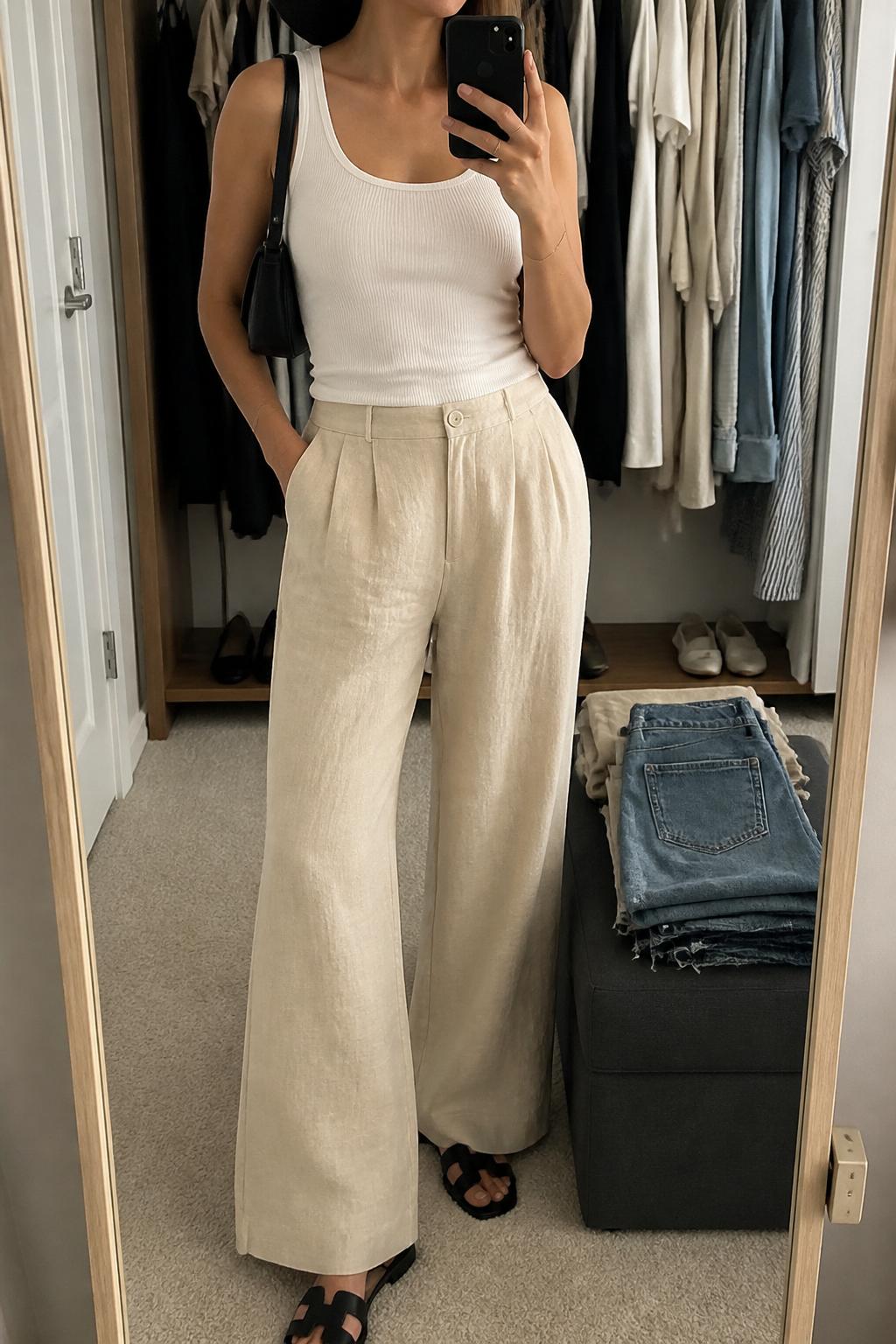 IMAGE_PROMPT: mirror selfie of a woman wearing a black cotton bucket hat, white fitted tank top, beige linen wide-leg pants, black leather flat sandals, and small black shoulder bag, clearly showing the same clothing items listed in the Outfit Pieces section, holding a phone in front of a mirror, cropped at the NECK so the face does not show, relaxed casual selfie pose, in a walk-in closet mirror, soft indoor lighting, with folded denim jeans on a bench, latest iPhone photo quality.