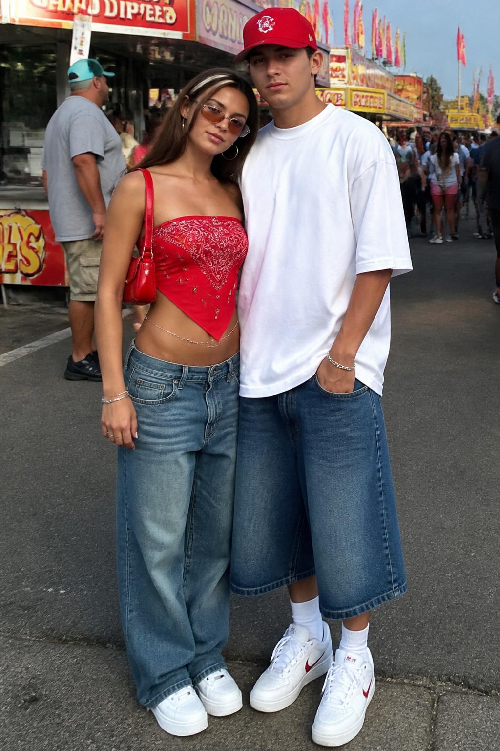 Outfit Image Prompt:
A stylish couple wearing bold Y2K casual outfits at a summer street fair, woman wearing a red bandana-style top, low-rise baggy jeans, silver belly chain, red mini bag, and white platform sneakers, man wearing an oversized white T-shirt, baggy denim shorts, red baseball cap, white sneakers, and silver chain bracelet, coordinated red and denim couple outfit, candid real-life pose near food stalls and colorful signs, natural daylight, realistic skin texture, normal fabric wrinkles, slightly imperfect street photo feel, no over-sharpened AI look, no glossy fake finish, no watermarks on images