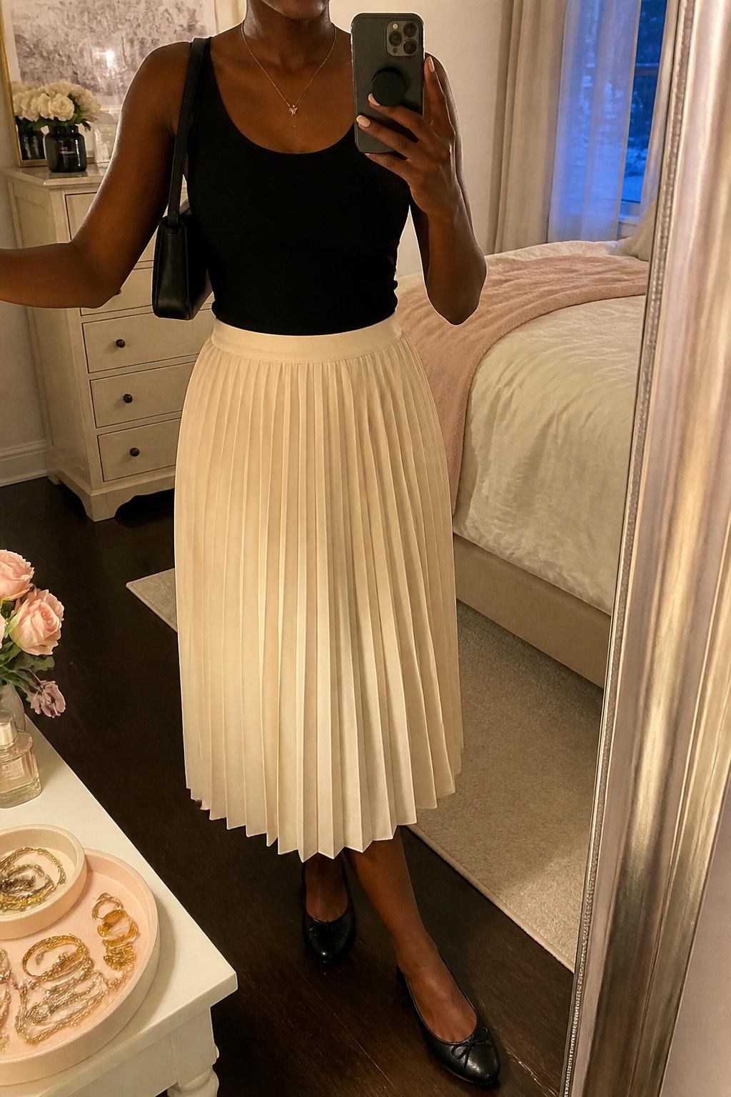 IMAGE_PROMPT: mirror selfie of a black woman wearing a black fitted tank top, cream pleated midi skirt, black leather ballet flats, small black shoulder bag, and delicate gold necklace, clearly showing the same clothing items listed in the Outfit Pieces section, holding a phone in front of a mirror, cropped at the NECK so the face does not show, relaxed casual selfie pose, in a feminine-themed bedroom, evening golden hour, with jewelry tray on the vanity, latest iPhone photo quality.
