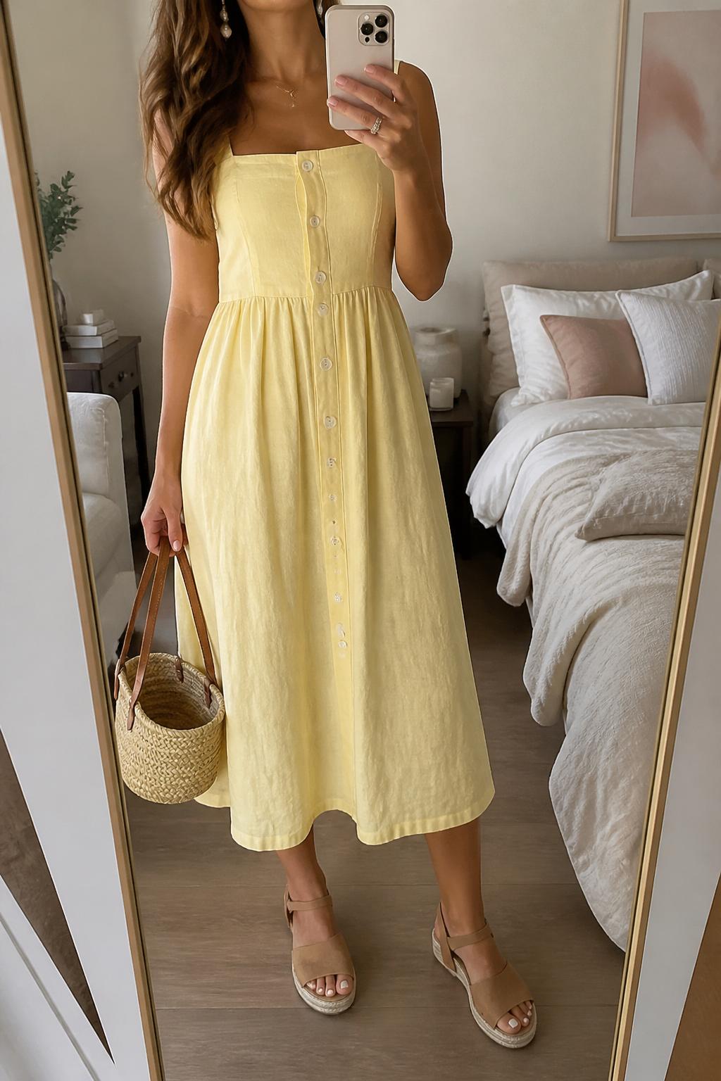 IMAGE_PROMPT: mirror selfie of a woman wearing a butter yellow button-front cotton sundress, tan espadrille sandals, straw basket bag, pearl drop earrings, and loose wavy hair, clearly showing the same clothing items listed in the Outfit Pieces section, holding a phone in front of a mirror, cropped at the NECK so the face does not show, relaxed casual selfie pose, in a stylish city apartment bedroom, soft indoor lighting, with soft pillows on an unmade bed, latest iPhone photo quality.