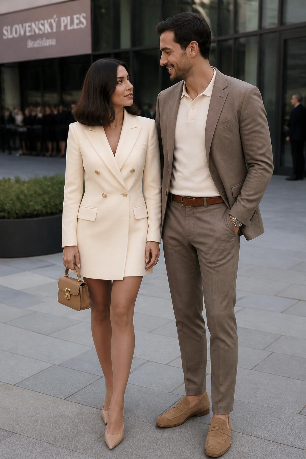 Outfit Image Prompt:
A fashionable couple standing outside a modern event venue in soft afternoon light, realistic phone-camera photo style, natural skin texture, soft shadows, slightly imperfect real-life styling, soft focus city background. The woman wears a cream double-breasted blazer dress with a modest length, sheer nude tights, pointed nude pumps, a structured tan mini bag, layered gold rings, and a smooth shoulder-length bob. The man wears a taupe suit with a cream knit polo shirt, tan loafers, a brown belt, and a slim gold watch. Their outfits share creamy neutral tones and tailored shapes. They stand naturally, one slightly turned toward the other, with realistic clothing folds, no over-sharpened details, no plastic-looking skin, no waxy faces, no AI-perfect symmetry, no overly polished pose, no fake-perfect hands, no watermarks on images.