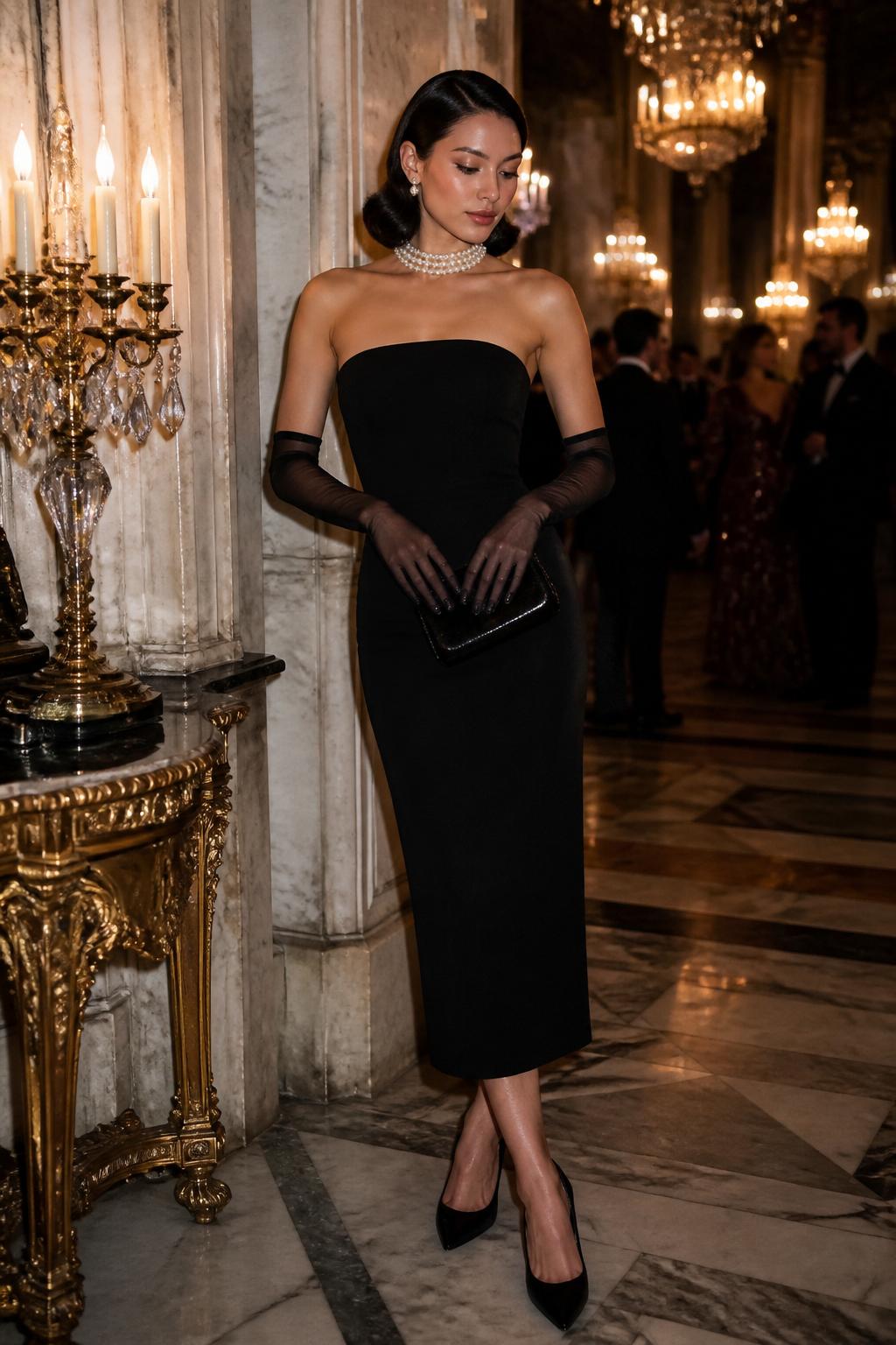Image Prompt:
A dramatic but classy old money party outfit showing a woman wearing a black strapless midi dress with a clean fitted bodice, sheer black opera gloves, black pointed heels, a small satin clutch, pearl choker, and sleek side-parted hair. She is standing in a grand ballroom corner with crystal chandeliers, marble floors, candlelight, and a refined evening event mood. Realistic editorial fashion photography, elegant black party outfit, high-end quiet luxury styling, no text, no watermark.