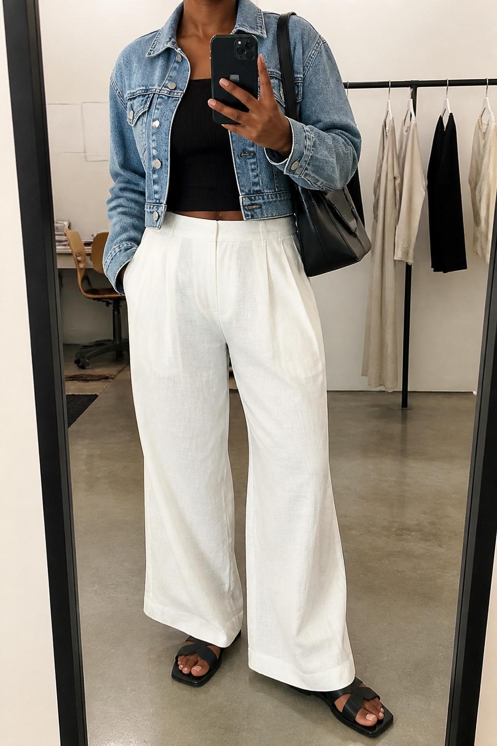 IMAGE_PROMPT: mirror selfie of a black woman wearing a cropped light wash jean jacket, black ribbed tank top, white wide-leg linen pants, black leather flat sandals, and structured black shoulder bag, clearly showing the same clothing items listed in the Outfit Pieces section, holding a phone in front of a mirror, cropped at the NECK so the face does not show, relaxed casual selfie pose, in a fashion studio mirror corner, soft indoor lighting, with clothing rack with garments behind, latest iPhone photo quality.