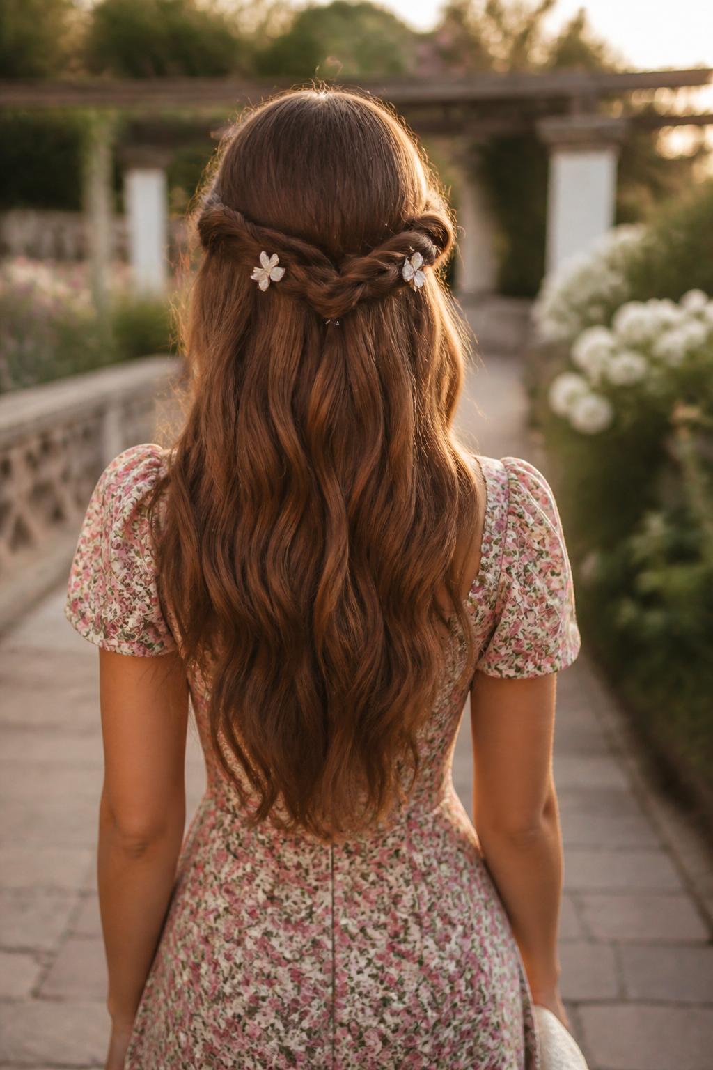 Image Prompt:
A realistic back-view beauty photo of a woman with long caramel brown hair styled with two soft crown twists, each side twisted back and secured with matching small ivory French clips, loose waves flowing down the back, floral midi dress, garden walkway background, golden hour light, romantic creative hairstyle inspiration, high-resolution DSLR photo, no text, (no watermarks on images)