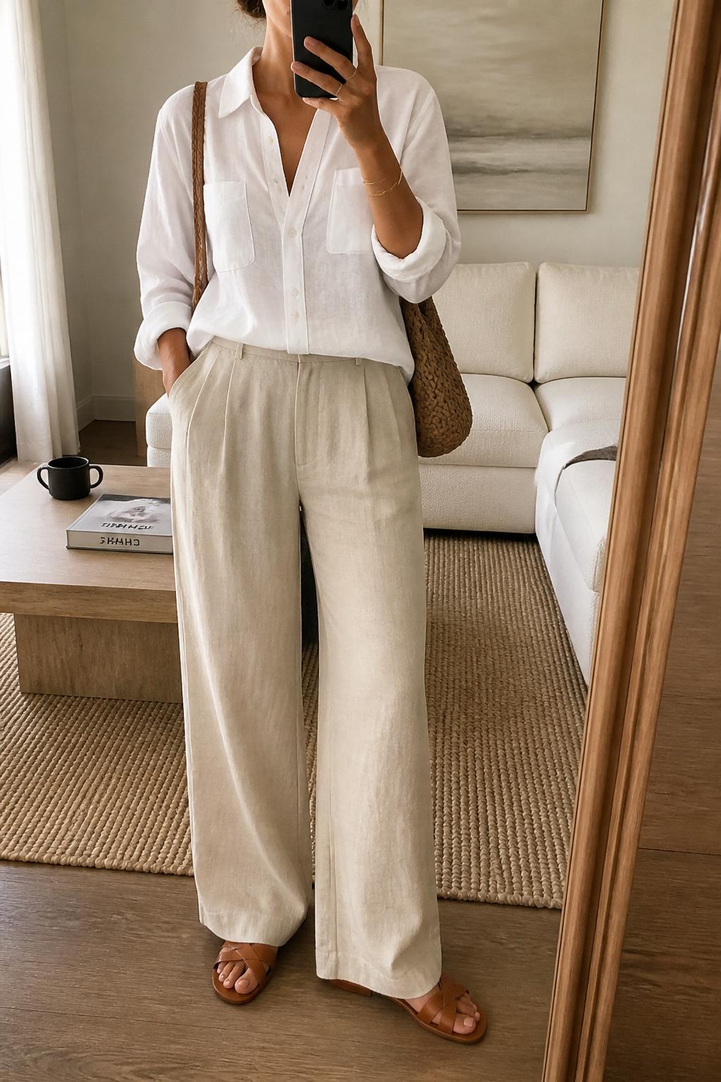 IMAGE_PROMPT: mirror selfie of a woman wearing a white linen button-down shirt, beige wide-leg trousers, tan leather flat sandals, woven shoulder bag, and sleek low bun, clearly showing the same clothing items listed in the Outfit Pieces section, holding a phone in front of a mirror, cropped at the NECK so the face does not show, relaxed casual selfie pose, in a modern living room mirror setup, natural window light, with coffee table with a book and mug, latest iPhone photo quality.