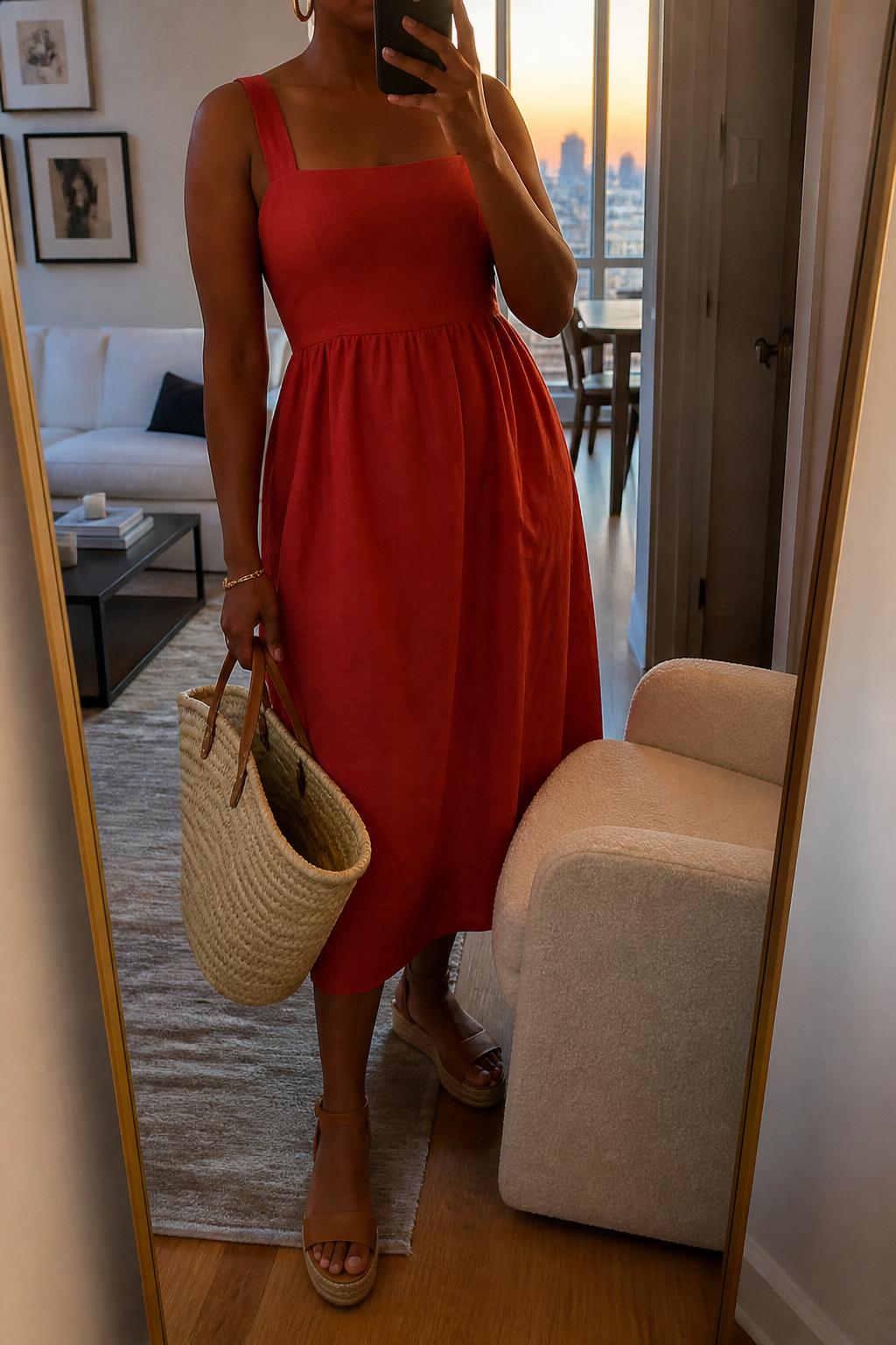 IMAGE_PROMPT: mirror selfie of a black woman wearing a red linen midi dress, tan espadrille sandals, straw basket bag, small gold hoops, and sleek side-part bun, clearly showing the same clothing items listed in the Outfit Pieces section, holding a phone in front of a mirror, cropped at the NECK so the face does not show, relaxed casual selfie pose, in a stylish city apartment living room, evening golden hour, with accent chair beside the mirror, latest iPhone photo quality.