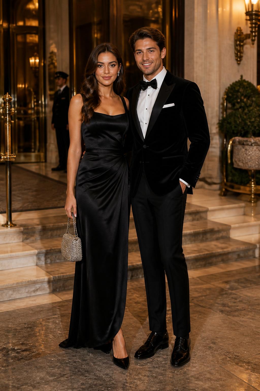 Outfit Image Prompt:
A fashionable couple arriving at a formal evening wedding reception, woman wearing a black satin floor-length gown with a fitted bodice, soft side-part waves, diamond-style earrings, black pointed heels, and a small crystal evening bag, man wearing a black velvet tuxedo jacket, black trousers, white tuxedo shirt, black bow tie, patent leather dress shoes, and a clean pocket square, standing near a grand hotel entrance with warm lights and marble details, luxury black tie wedding guest outfits, dramatic evening fashion photography, full-body shot, elegant couple pose, formal but not bridal, realistic textures, no watermarks on images