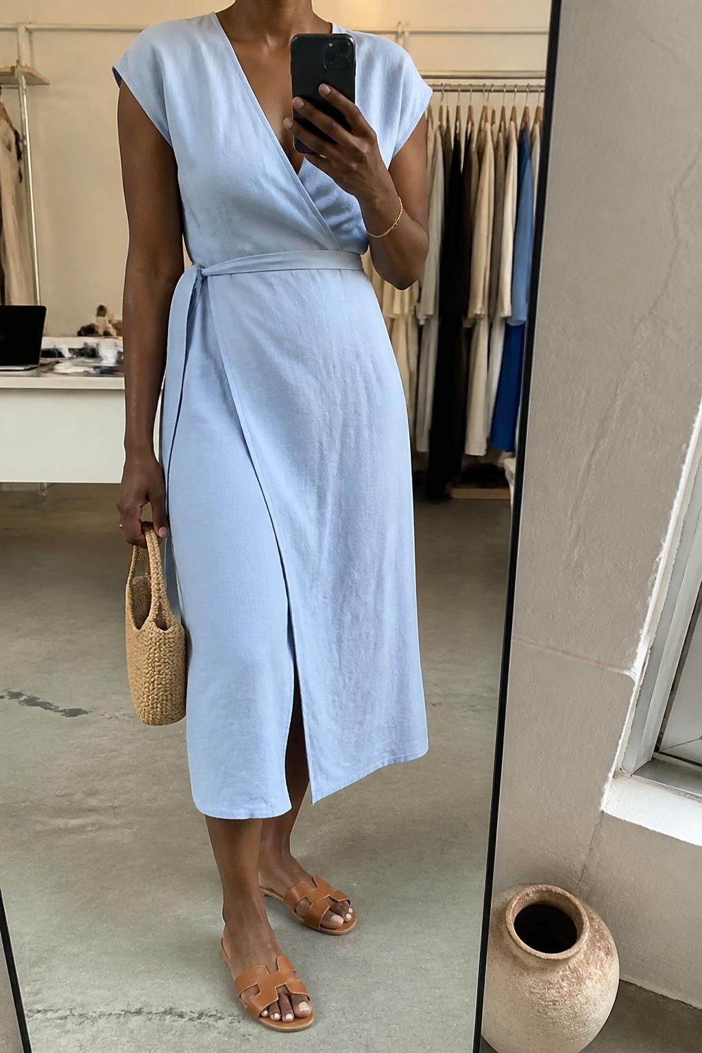 IMAGE_PROMPT: mirror selfie of a black woman wearing a pale blue linen wrap midi dress, tan leather flat sandals, woven mini handbag, thin gold bracelet, and sleek low ponytail, clearly showing the same clothing items listed in the Outfit Pieces section, holding a phone in front of a mirror, cropped at the NECK so the face does not show, relaxed casual selfie pose, in a fashion studio mirror corner, soft indoor lighting, with clothing rack with garments behind, latest iPhone photo quality.