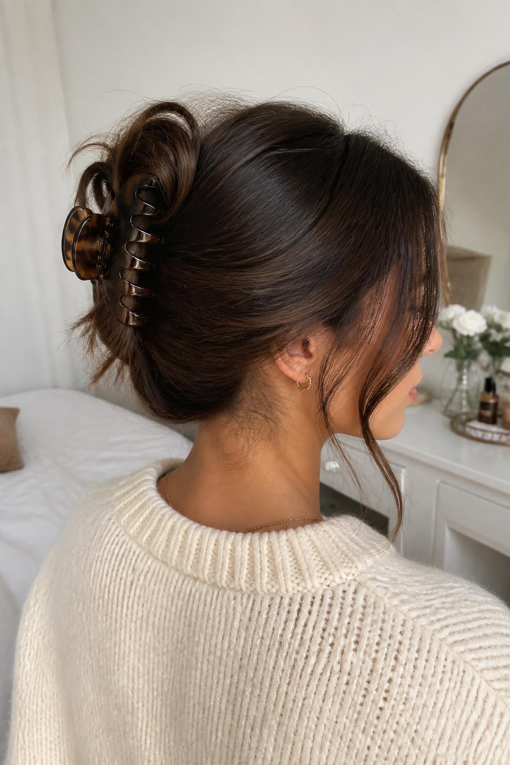 Image Prompt:
A realistic editorial beauty photo of a woman with medium-long brunette hair styled into a messy French twist secured with a large tortoiseshell claw clip, loose face-framing strands, soft volume at the crown, slightly undone tucked ends, cream knit sweater, small gold earrings, warm natural window light, neutral bedroom vanity background, effortless feminine hairstyle inspiration, high-resolution DSLR photo, no text, (no watermarks on images)