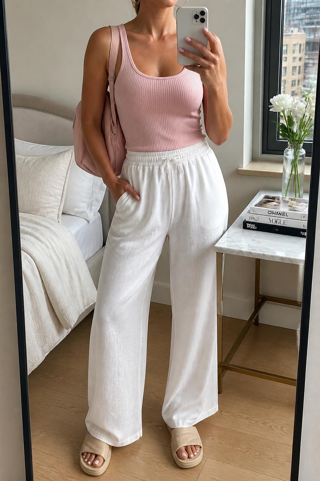 IMAGE_PROMPT: mirror selfie of a woman wearing a soft pink ribbed tank top, white lightweight wide-leg pants, nude cushioned sandals, pink mini backpack, and rose gold hoop earrings, clearly showing the same clothing items listed in the Outfit Pieces section, holding a phone in front of a mirror, cropped at the NECK so the face does not show, relaxed casual selfie pose, in a stylish city apartment bedroom, natural window light, with stack of fashion magazines on a side table, latest iPhone photo quality.