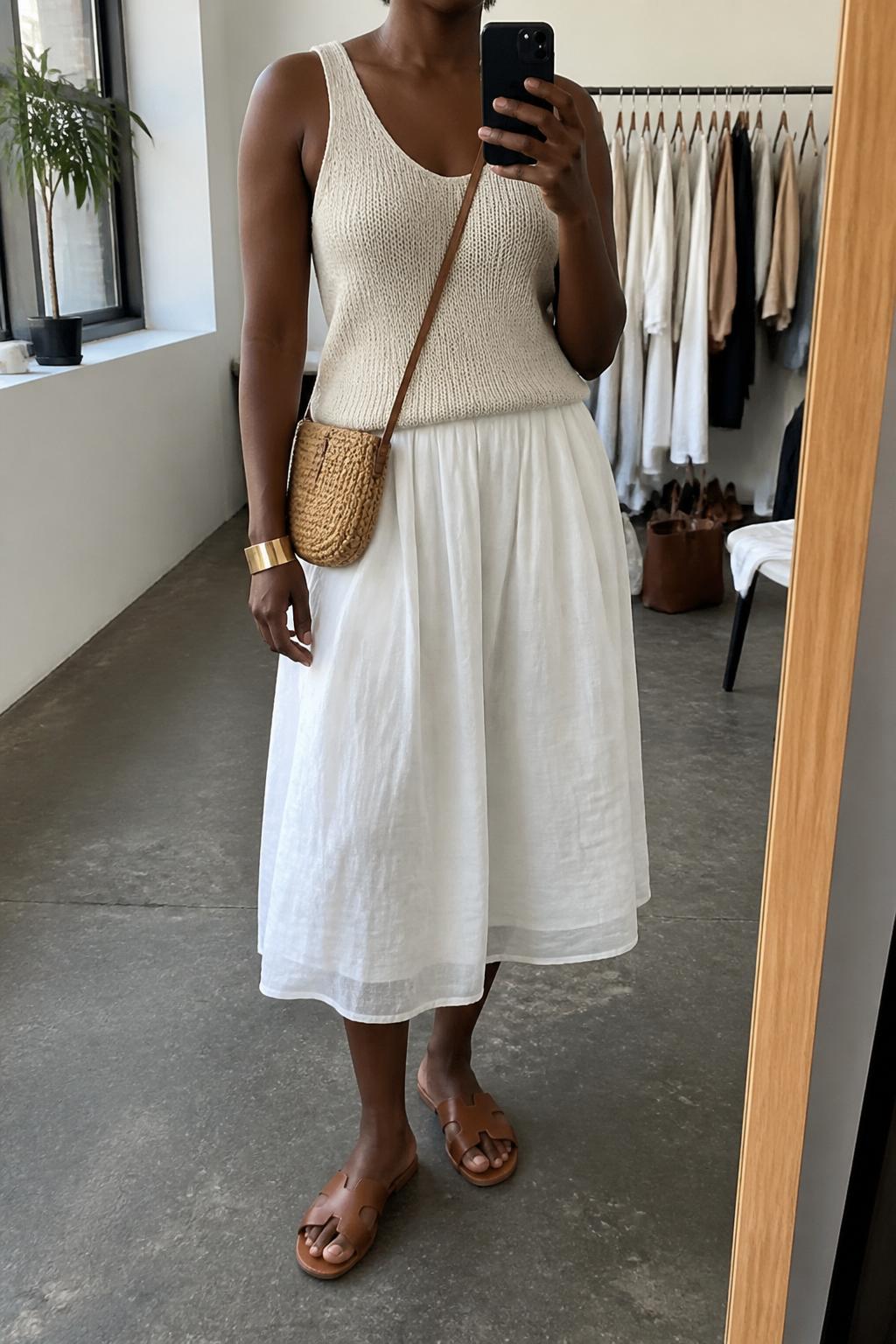 IMAGE_PROMPT: mirror selfie of a black woman wearing an oatmeal knit tank top, white linen midi skirt, brown leather flat sandals, tan woven crossbody bag, and gold cuff bracelet, clearly showing the same clothing items listed in the Outfit Pieces section, holding a phone in front of a mirror, cropped at the NECK so the face does not show, relaxed casual selfie pose, in a fashion studio mirror corner, soft morning light, with clothing rack with garments behind, latest iPhone photo quality.