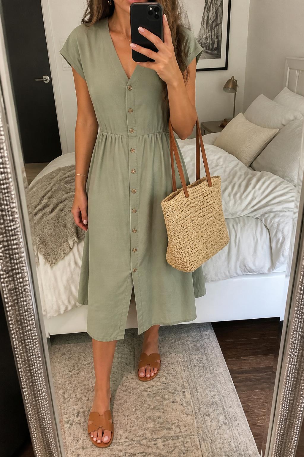 IMAGE_PROMPT: mirror selfie of a woman wearing a sage green button-front cotton midi dress, tan leather flat sandals, woven tote bag, small gold hoops, and soft wavy hair, clearly showing the same clothing items listed in the Outfit Pieces section, holding a phone in front of a mirror, cropped at the NECK so the face does not show, relaxed casual selfie pose, in a stylish city apartment bedroom, soft indoor lighting, with soft pillows on an unmade bed, latest iPhone photo quality.