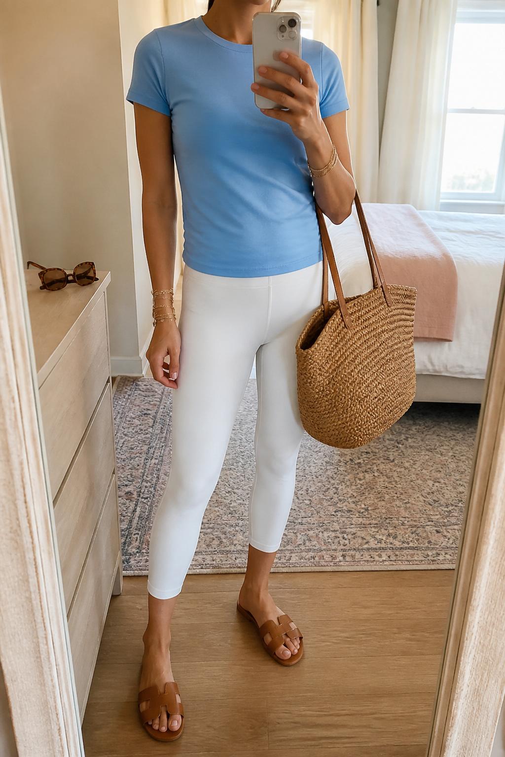 IMAGE_PROMPT: mirror selfie of a woman wearing a soft blue fitted cotton tee, white cropped leggings, tan leather flat sandals, woven tote bag, and tortoiseshell sunglasses, clearly showing the same clothing items listed in the Outfit Pieces section, holding a phone in front of a mirror, cropped at the NECK so the face does not show, relaxed casual selfie pose, in a cozy bedroom mirror setup, natural window light, with sunglasses placed on a dresser, latest iPhone photo quality.