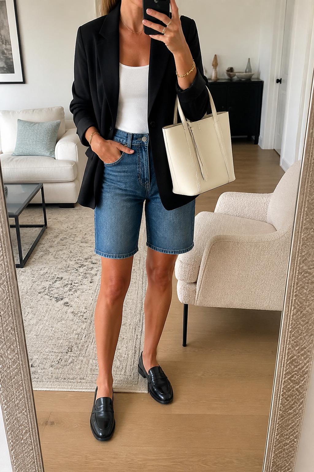 IMAGE_PROMPT: mirror selfie of a woman wearing a black lightweight linen blazer, white fitted tank top, blue denim Bermuda shorts, black leather loafers, and structured cream tote bag, clearly showing the same clothing items listed in the Outfit Pieces section, holding a phone in front of a mirror, cropped at the NECK so the face does not show, relaxed casual selfie pose, in a modern living room mirror setup, soft morning light, with accent chair beside the mirror, latest iPhone photo quality.