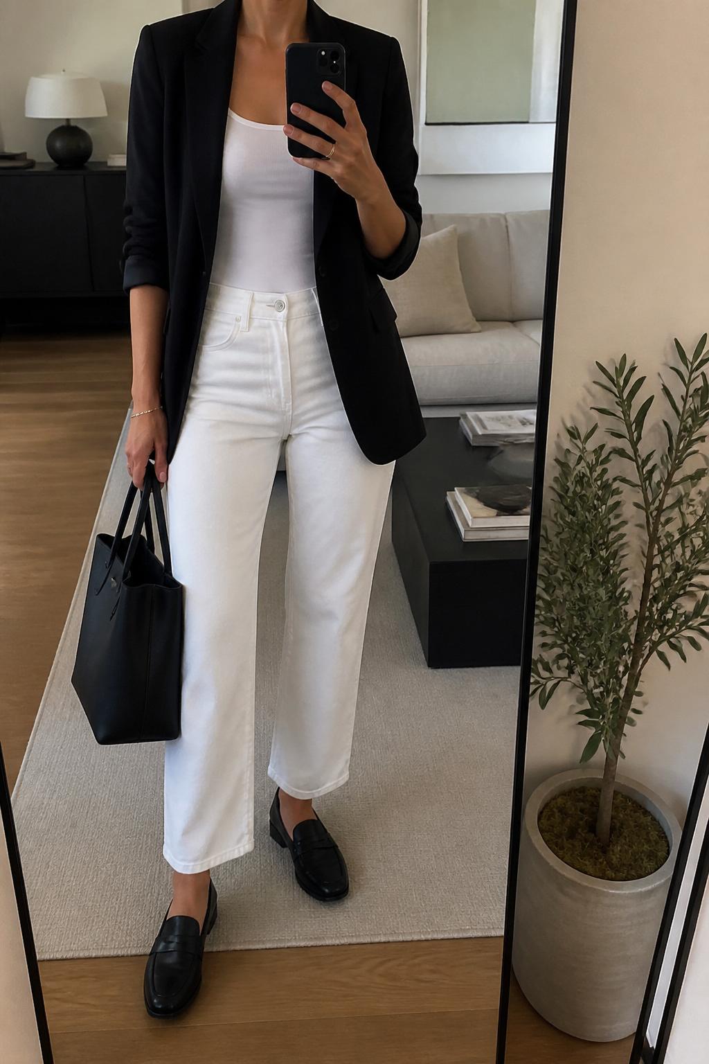 IMAGE_PROMPT: mirror selfie of a woman wearing a black lightweight blazer, white fitted tank top, white straight-leg jeans, black leather loafers, and structured black tote bag, clearly showing the same clothing items listed in the Outfit Pieces section, holding a phone in front of a mirror, cropped at the NECK so the face does not show, relaxed casual selfie pose, in a modern living room mirror setup, soft indoor lighting, with small plant beside the floor mirror, latest iPhone photo quality.