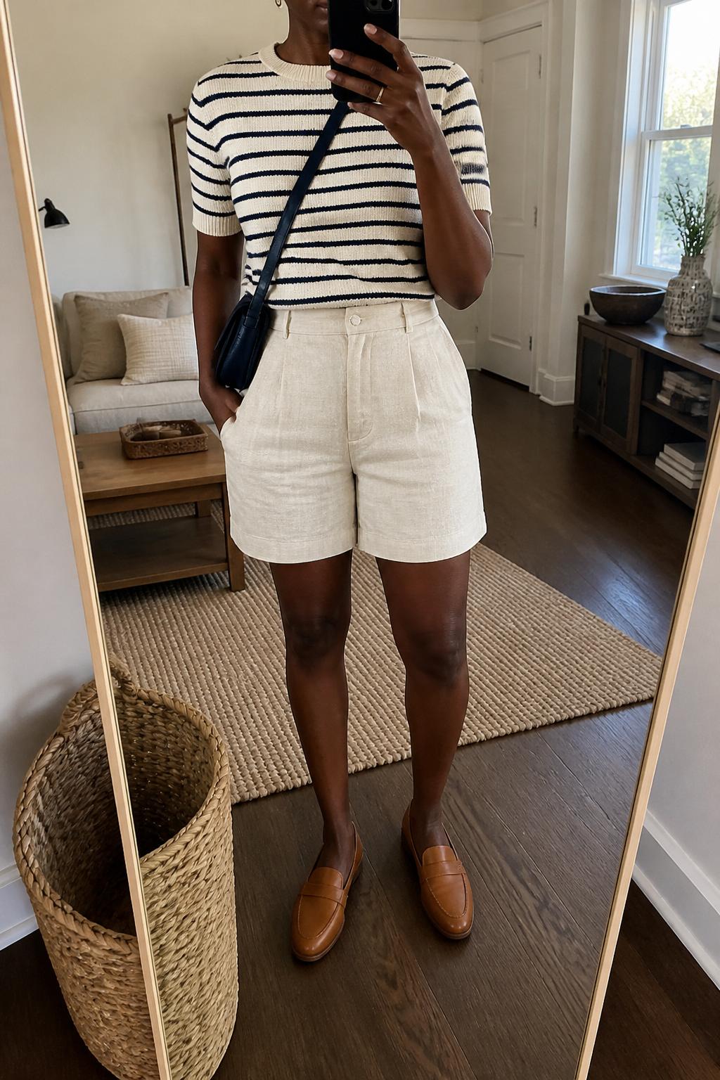 IMAGE_PROMPT: mirror selfie of a black woman wearing a cream and navy striped short-sleeve sweater tee, beige linen tailored shorts, tan leather loafers, navy canvas crossbody bag, and small pearl earrings, clearly showing the same clothing items listed in the Outfit Pieces section, holding a phone in front of a mirror, cropped at the NECK so the face does not show, relaxed casual selfie pose, in a cozy living room with a leaning floor mirror, natural window light, with woven basket near the mirror, latest iPhone photo quality.