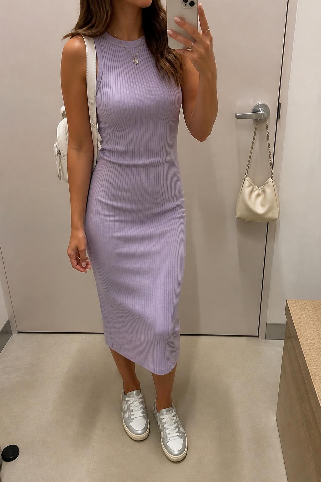 IMAGE_PROMPT: mirror selfie of a woman wearing a lavender ribbed midi dress, silver low-top sneakers, white mini backpack, delicate silver necklace, and soft wavy hair, clearly showing the same clothing items listed in the Outfit Pieces section, holding a phone in front of a mirror, cropped at the NECK so the face does not show, relaxed casual selfie pose, in a minimal dressing room, soft indoor lighting, with handbag hanging on a door handle, latest iPhone photo quality.