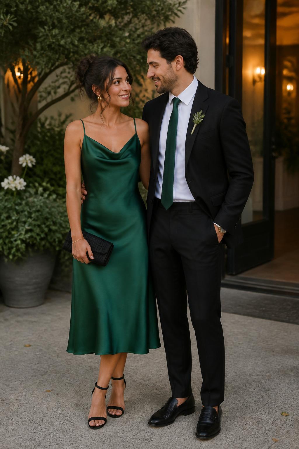 Outfit Image Prompt:
A stylish couple standing near a softly lit event entrance with greenery in the background, realistic soft editorial camera style, natural skin texture, gentle evening light, realistic shadows, soft focus background. The woman wears an emerald green satin midi dress with a cowl neckline, black ankle-strap heels, a black clutch, gold hoop earrings, and softly pinned curls. The man wears a black slim suit with a white shirt, black loafers, a dark green tie, a gold watch, and a neat boutonniere with a tiny green leaf. The outfits coordinate through the emerald and black color story. Their pose is relaxed and natural, slightly angled toward each other, with normal fabric wrinkles, real clothing folds, no over-polished model pose, no over-sharpening, no waxy faces, no plastic skin, no fake-perfect hands, no airbrushed finish, no watermarks on images.