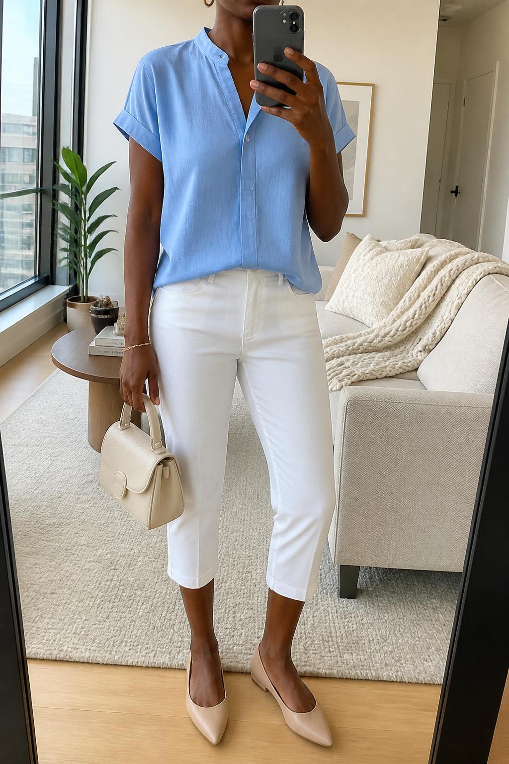 IMAGE_PROMPT: mirror selfie of a black woman wearing a soft blue short-sleeve blouse, white tailored capri pants, nude pointed flats, cream mini handbag, and small gold hoop earrings, clearly showing the same clothing items listed in the Outfit Pieces section, holding a phone in front of a mirror, cropped at the NECK so the face does not show, relaxed casual selfie pose, in a stylish city apartment living room, soft morning light, with throw blanket on a living room sofa, latest iPhone photo quality.