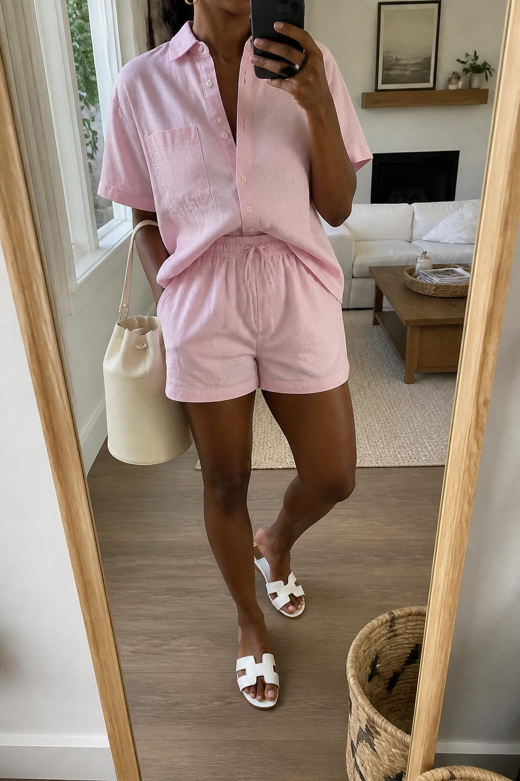IMAGE_PROMPT: mirror selfie of a black woman wearing a pastel pink linen matching set with a short-sleeve button shirt and relaxed drawstring shorts, white slide sandals, cream bucket bag, and small gold hoops, clearly showing the same clothing items listed in the Outfit Pieces section, holding a phone in front of a mirror, cropped at the NECK so the face does not show, relaxed casual selfie pose, in a cozy living room with a leaning floor mirror, natural window light, with woven basket near the mirror, latest iPhone photo quality.