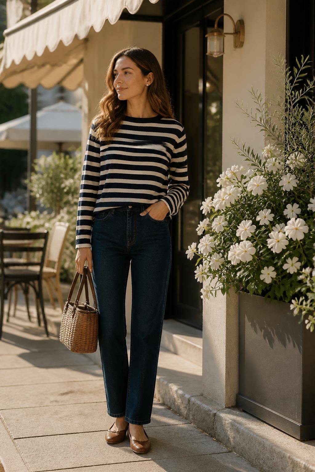 Image Prompt:
A classy casual old money outfit featuring a woman wearing a navy and cream striped lightweight sweater, straight-leg dark wash jeans, brown leather ballet flats, a small woven handbag, pearl stud earrings, and soft natural waves. She is standing outside a small café with white flowers, cream awnings, and warm afternoon light. Realistic editorial street style photography, relaxed but polished summer-to-fall casual look, no text, no watermark.