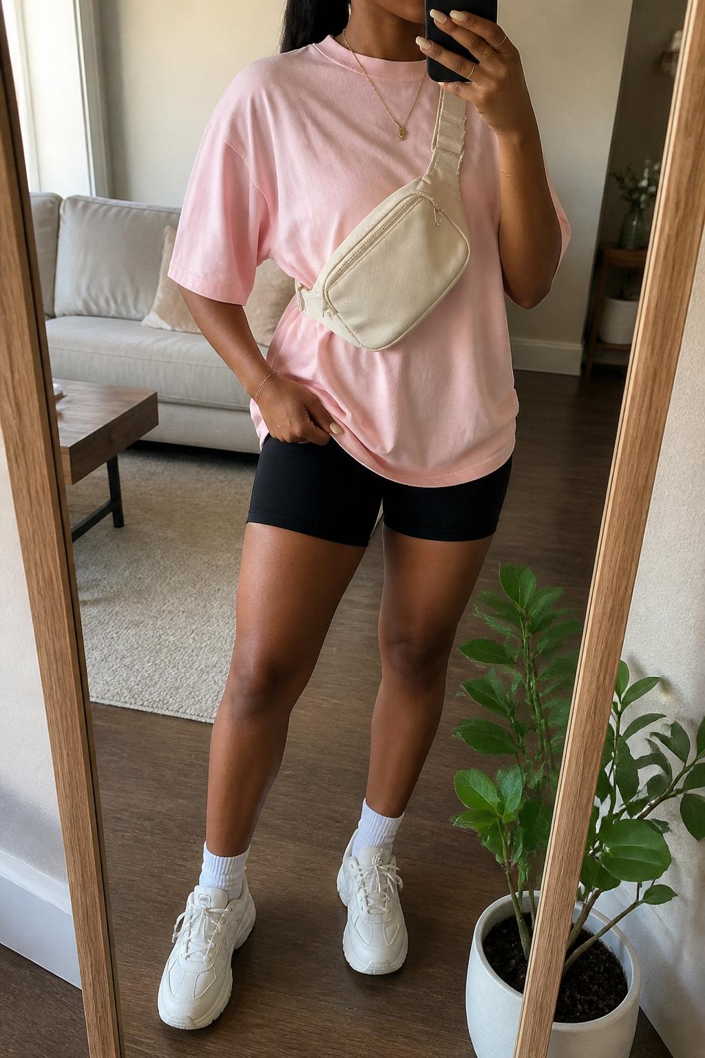 IMAGE_PROMPT: mirror selfie of a black woman wearing a soft pink oversized cotton tee, black biker shorts, white chunky sneakers, cream belt bag, and sleek high ponytail, clearly showing the same clothing items listed in the Outfit Pieces section, holding a phone in front of a mirror, cropped at the NECK so the face does not show, relaxed casual selfie pose, in a cozy living room with a leaning floor mirror, natural window light, with small plant beside the floor mirror, latest iPhone photo quality.