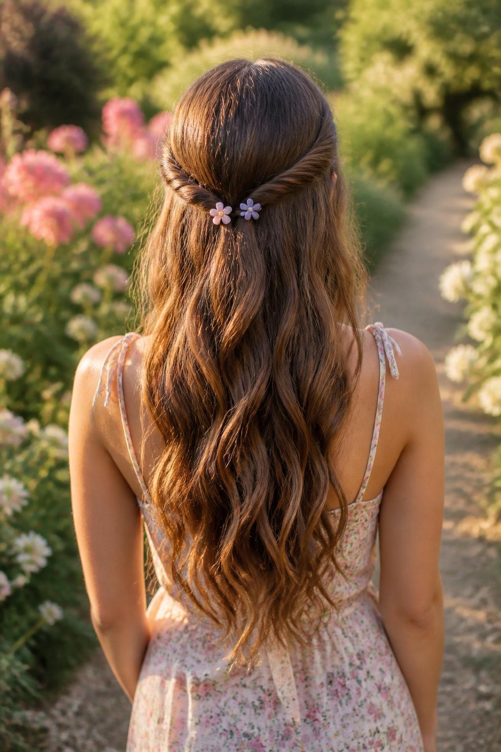 Image Prompt:
A realistic back-view hairstyle photo of a woman with long caramel brown hair styled with two soft crown twists, each side twisted back and secured with two tiny pastel flower claw clips meeting at the back, loose waves flowing down the back, floral sundress, garden walkway background, golden hour light, whimsical romantic hairstyle inspiration, high-resolution DSLR style, no text, (no watermarks on images)