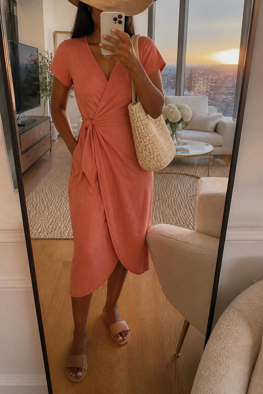 IMAGE_PROMPT: mirror selfie of a black woman wearing a beige straw sun hat, coral short-sleeve wrap midi dress, nude flat sandals, cream woven handbag, and glossy nude lip makeup, clearly showing the same clothing items listed in the Outfit Pieces section, holding a phone in front of a mirror, cropped at the NECK so the face does not show, relaxed casual selfie pose, in a stylish city apartment living room, evening golden hour, with accent chair beside the mirror, latest iPhone photo quality.