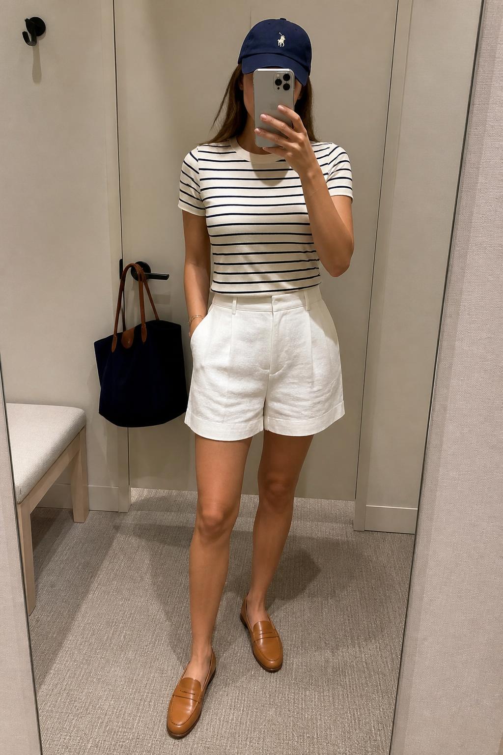 IMAGE_PROMPT: mirror selfie of a woman wearing a navy cotton baseball cap, cream and navy striped fitted tee, white tailored linen shorts, tan leather loafers, and navy canvas tote bag, clearly showing the same clothing items listed in the Outfit Pieces section, holding a phone in front of a mirror, cropped at the NECK so the face does not show, relaxed casual selfie pose, in a minimal dressing room, soft indoor lighting, with handbag hanging on a door handle, latest iPhone photo quality.