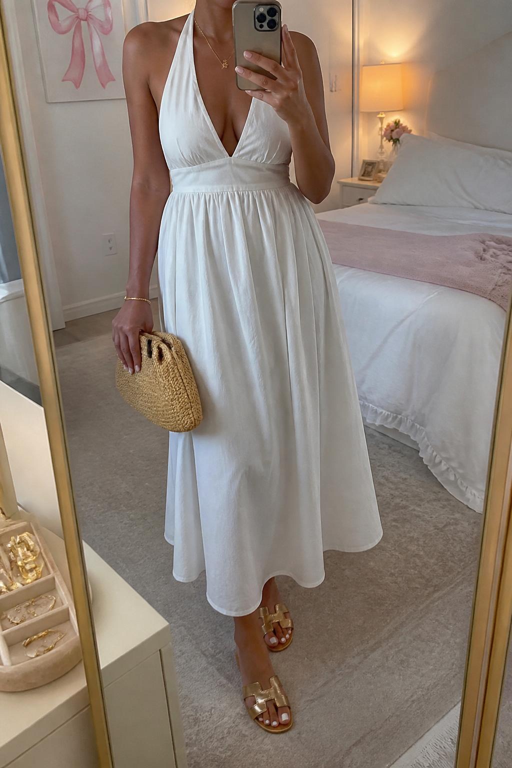 IMAGE_PROMPT: mirror selfie of a black woman wearing a white cotton halter midi dress, gold flat sandals, small woven clutch bag, delicate gold necklace, and sleek side-part bun, clearly showing the same clothing items listed in the Outfit Pieces section, holding a phone in front of a mirror, cropped at the NECK so the face does not show, relaxed casual selfie pose, in a feminine-themed bedroom, evening golden hour, with jewelry tray on the vanity, latest iPhone photo quality.