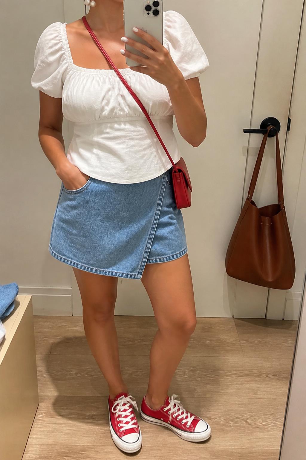 IMAGE_PROMPT: mirror selfie of a woman wearing a white puff-sleeve cotton top, blue denim skort, red low-top sneakers, small red crossbody bag, and pearl stud earrings, clearly showing the same clothing items listed in the Outfit Pieces section, holding a phone in front of a mirror, cropped at the NECK so the face does not show, relaxed casual selfie pose, in a minimal dressing room, soft indoor lighting, with handbag hanging on a door handle, latest iPhone photo quality.