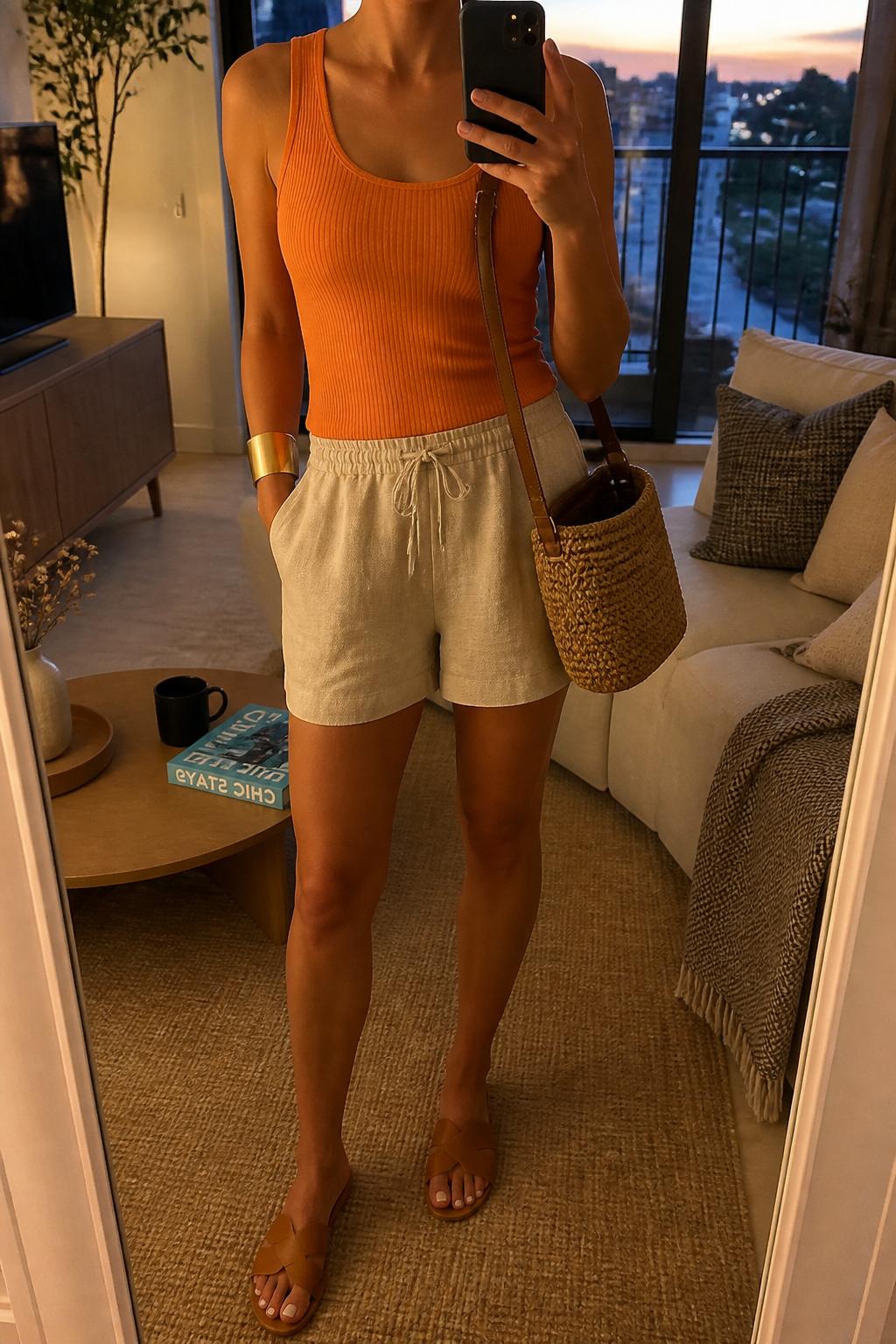 IMAGE_PROMPT: mirror selfie of a woman wearing an orange ribbed tank top, beige linen drawstring shorts, tan leather slide sandals, woven crossbody bag, and gold cuff bracelet, clearly showing the same clothing items listed in the Outfit Pieces section, holding a phone in front of a mirror, cropped at the NECK so the face does not show, relaxed casual selfie pose, in a stylish city apartment living room, evening golden hour, with coffee table with a book and mug, latest iPhone photo quality.