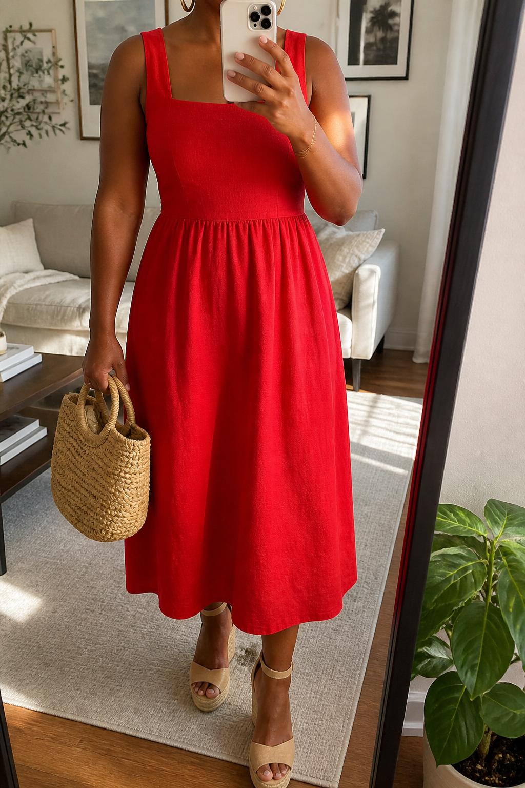 IMAGE_PROMPT: mirror selfie of a black woman wearing a red linen sundress, tan wedge espadrilles, straw basket bag, gold hoop earrings, and glossy nude lip makeup, clearly showing the same clothing items listed in the Outfit Pieces section, holding a phone in front of a mirror, cropped at the NECK so the face does not show, relaxed casual selfie pose, in a cozy living room with a leaning floor mirror, natural window light, with small plant beside the floor mirror, latest iPhone photo quality.