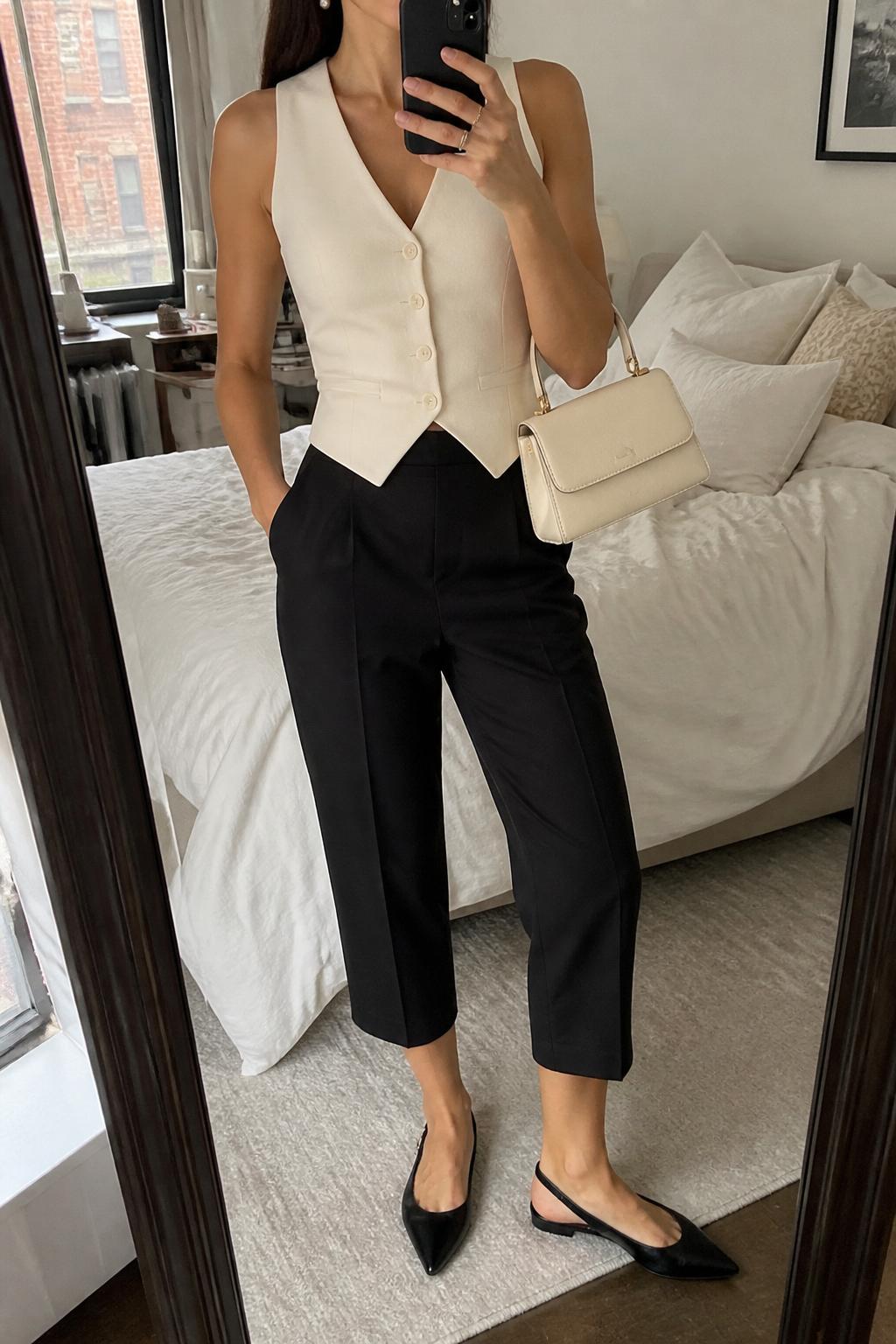 IMAGE_PROMPT: mirror selfie of a woman wearing a cream tailored vest top, black high-waisted capri pants, black slingback flats, small cream top-handle bag, and pearl stud earrings, clearly showing the same clothing items listed in the Outfit Pieces section, holding a phone in front of a mirror, cropped at the NECK so the face does not show, relaxed casual selfie pose, in a stylish city apartment bedroom, soft indoor lighting, with soft pillows on an unmade bed, latest iPhone photo quality.