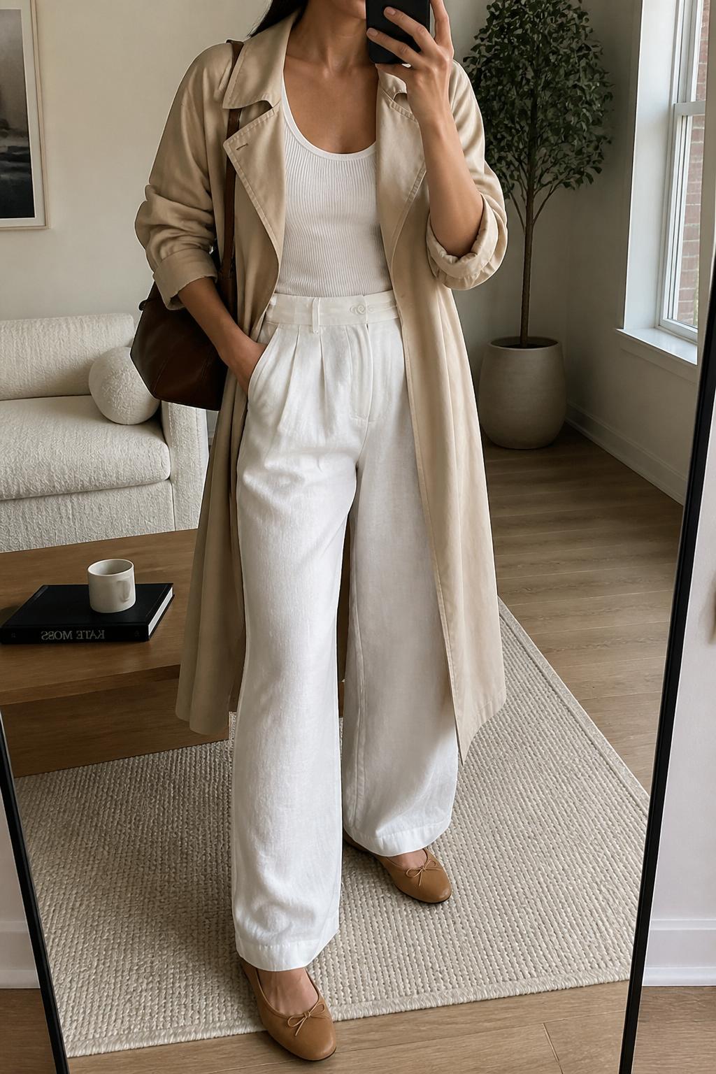 IMAGE_PROMPT: mirror selfie of a woman wearing a lightweight beige trench coat, white ribbed tank top, white linen wide-leg trousers, tan leather ballet flats, and structured brown shoulder bag, clearly showing the same clothing items listed in the Outfit Pieces section, holding a phone in front of a mirror, cropped at the NECK so the face does not show, relaxed casual selfie pose, in a modern living room mirror setup, natural window light, with coffee table with a book and mug, latest iPhone photo quality.