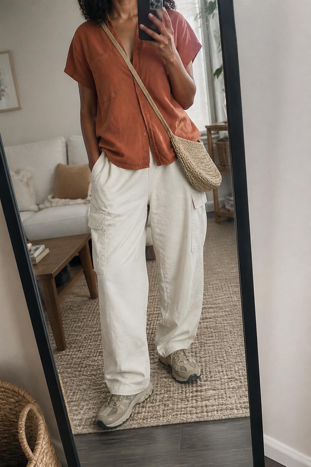 IMAGE_PROMPT: mirror selfie of a black woman wearing a rust short-sleeve button-down top, cream cargo pants, tan trail sneakers, woven crossbody bag, and soft natural curls, clearly showing the same clothing items listed in the Outfit Pieces section, holding a phone in front of a mirror, cropped at the NECK so the face does not show, relaxed casual selfie pose, in a cozy living room with a leaning floor mirror, natural window light, with woven basket near the mirror, latest iPhone photo quality.