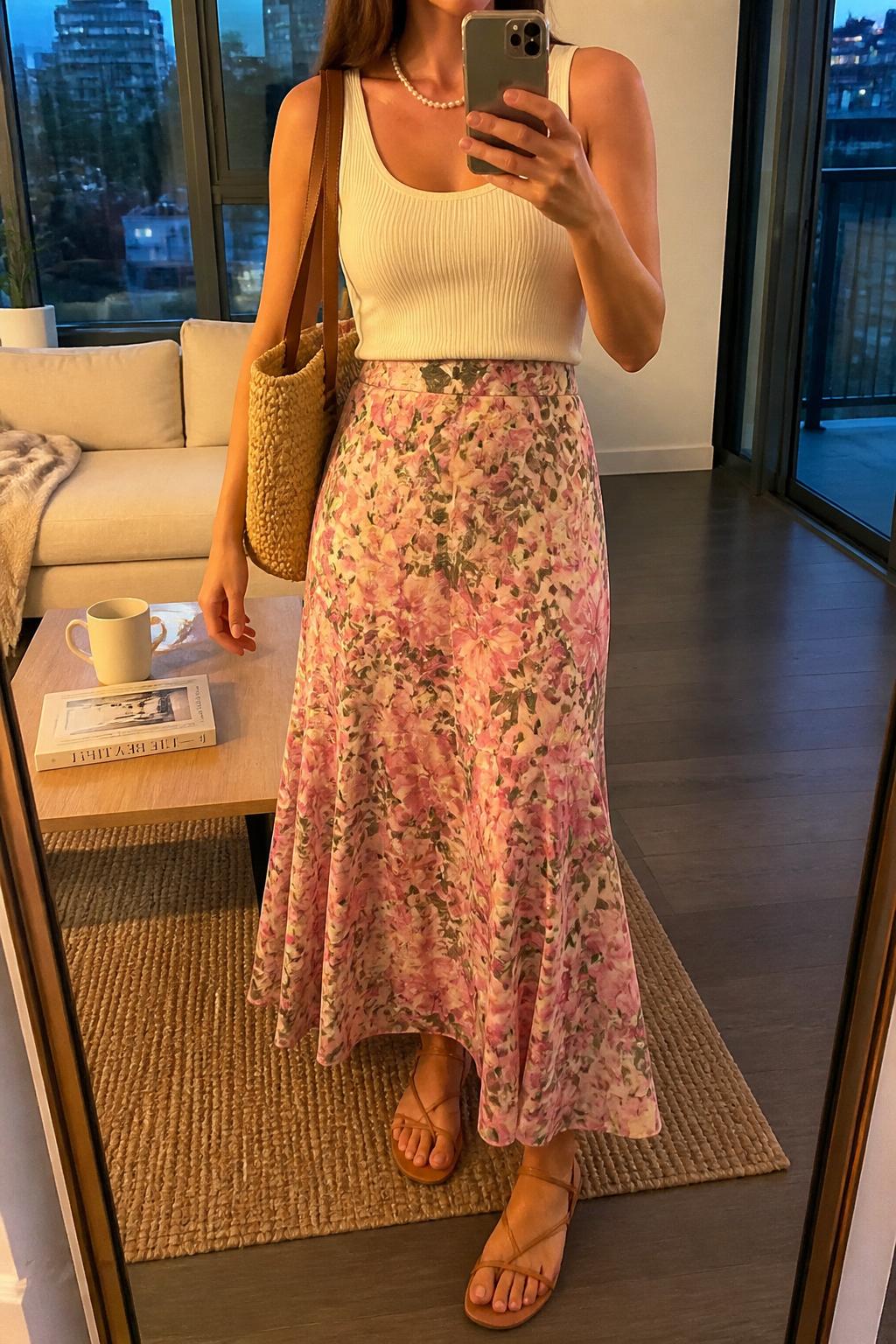 IMAGE_PROMPT: mirror selfie of a woman wearing a cream ribbed tank top, pink and green floral flowy maxi skirt, tan strappy flat sandals, straw shoulder bag, and delicate pearl necklace, clearly showing the same clothing items listed in the Outfit Pieces section, holding a phone in front of a mirror, cropped at the NECK so the face does not show, relaxed casual selfie pose, in a stylish city apartment living room, evening golden hour, with coffee table with a book and mug, latest iPhone photo quality.