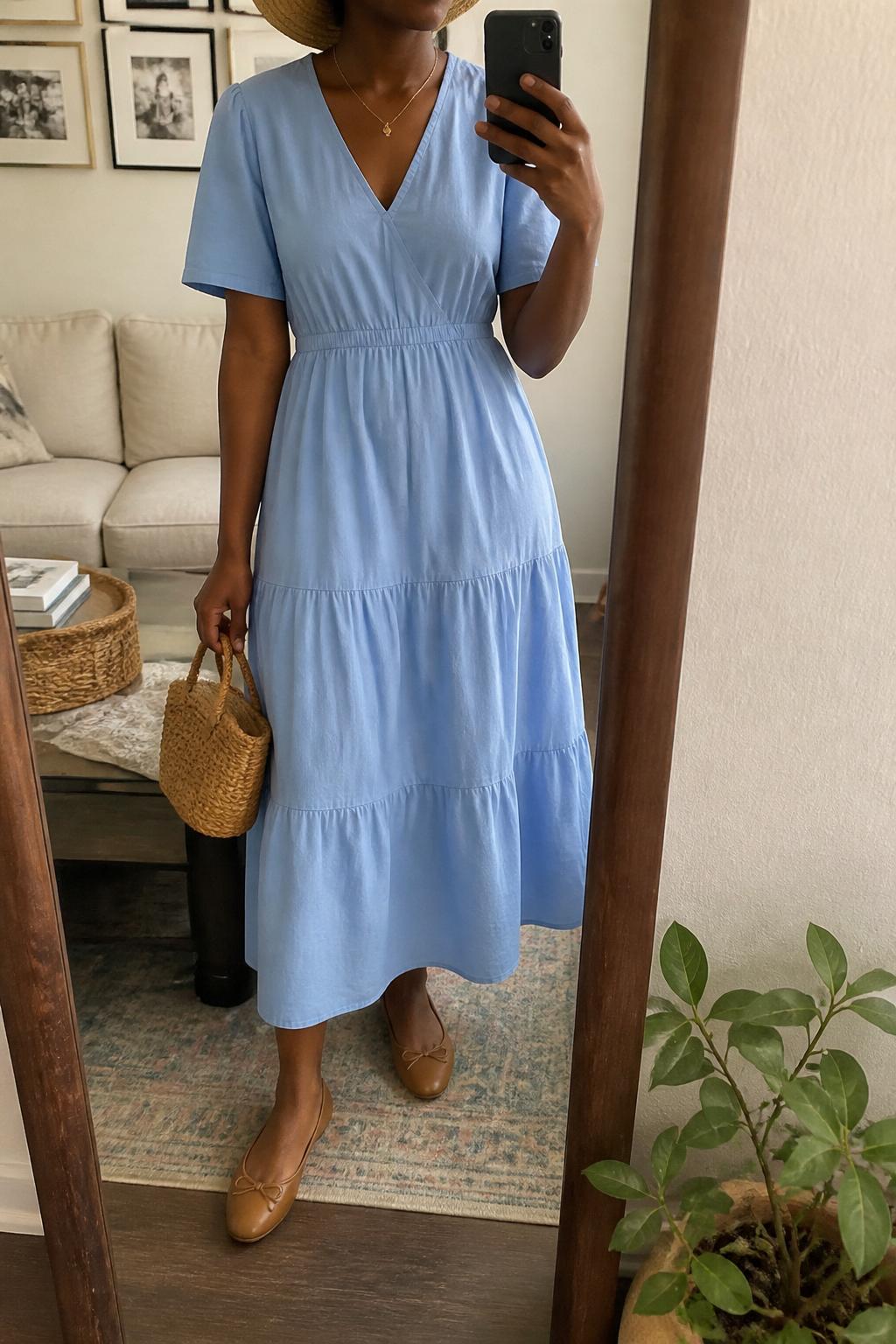 IMAGE_PROMPT: mirror selfie of a black woman wearing a straw boater hat, soft blue cotton midi dress, tan leather ballet flats, woven mini handbag, and delicate gold necklace, clearly showing the same clothing items listed in the Outfit Pieces section, holding a phone in front of a mirror, cropped at the NECK so the face does not show, relaxed casual selfie pose, in a cozy living room with a leaning floor mirror, natural window light, with small plant beside the floor mirror, latest iPhone photo quality.
