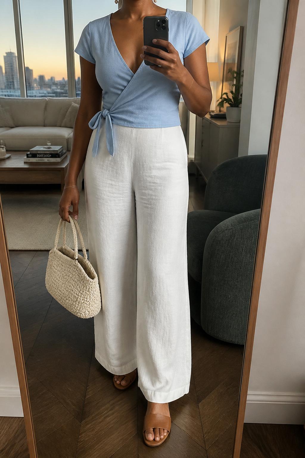 IMAGE_PROMPT: mirror selfie of a black woman wearing a soft blue short-sleeve wrap top, white wide-leg linen pants, tan leather flat sandals, cream woven handbag, and small pearl earrings, clearly showing the same clothing items listed in the Outfit Pieces section, holding a phone in front of a mirror, cropped at the NECK so the face does not show, relaxed casual selfie pose, in a stylish city apartment living room, evening golden hour, with accent chair beside the mirror, latest iPhone photo quality.