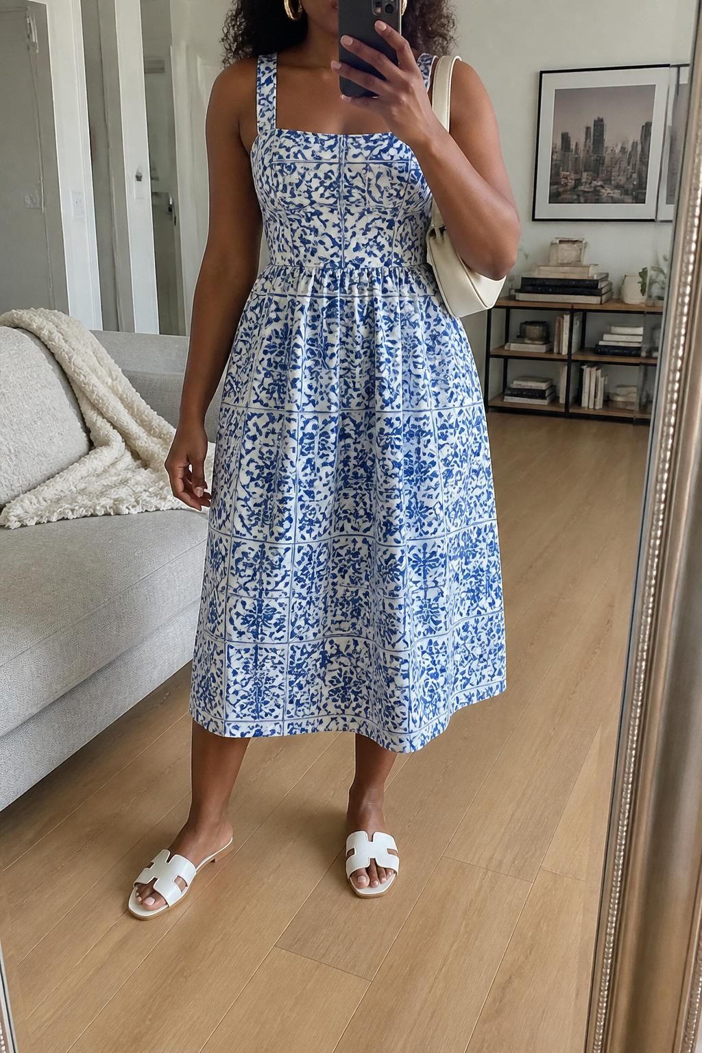 IMAGE_PROMPT: mirror selfie of a black woman wearing a blue tile-print cotton midi dress, white flat sandals, cream mini shoulder bag, small gold hoop earrings, and soft natural curls, clearly showing the same clothing items listed in the Outfit Pieces section, holding a phone in front of a mirror, cropped at the NECK so the face does not show, relaxed casual selfie pose, in a stylish city apartment living room, soft morning light, with throw blanket on a living room sofa, latest iPhone photo quality.