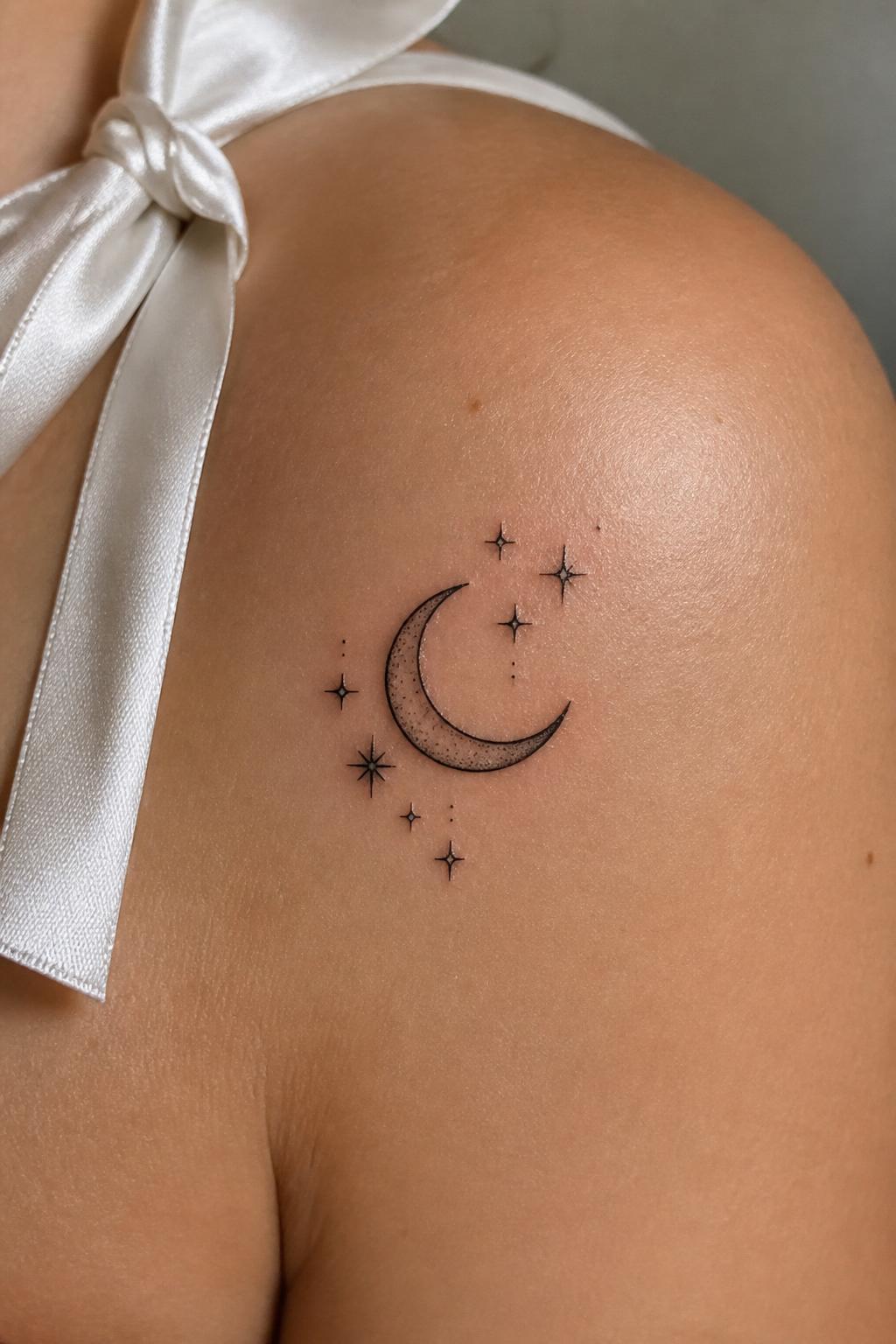 Image Prompt: "Tight crop of a moon and sparkles flash tattoo on the shoulder, small crescent moon outline, tiny star and sparkle accents, fine black linework, soft dotwork shading, feminine dreamy style, satin ribbon nearby, minimal background, realistic skin texture, close-up tattoo photo"