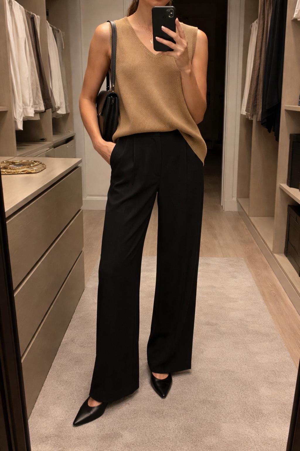 IMAGE_PROMPT: mirror selfie of a woman wearing a camel sleeveless knit vest, black wide-leg tailored pants, black pointed flats, black structured shoulder bag, and thin gold necklace, holding a phone in front of a mirror, cropped at the NECK so the face does not show, relaxed casual selfie pose, in a walk-in closet mirror, warm moody lighting, with open closet with clothes visible and jewelry tray on the vanity. Latest iPhone photo quality.