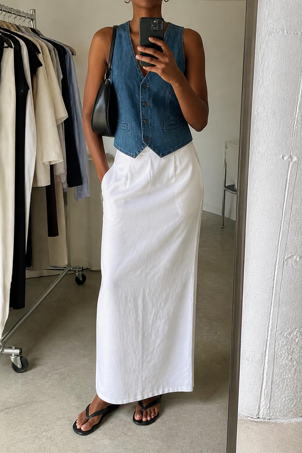 IMAGE_PROMPT: mirror selfie of a black woman wearing a blue denim vest top, white cotton column maxi skirt, black leather flip-flop sandals, black crescent shoulder bag, and small silver hoop earrings, clearly showing the same clothing items listed in the Outfit Pieces section, holding a phone in front of a mirror, cropped at the NECK so the face does not show, relaxed casual selfie pose, in a fashion studio mirror corner, soft morning light, with clothing rack with garments behind, latest iPhone photo quality.