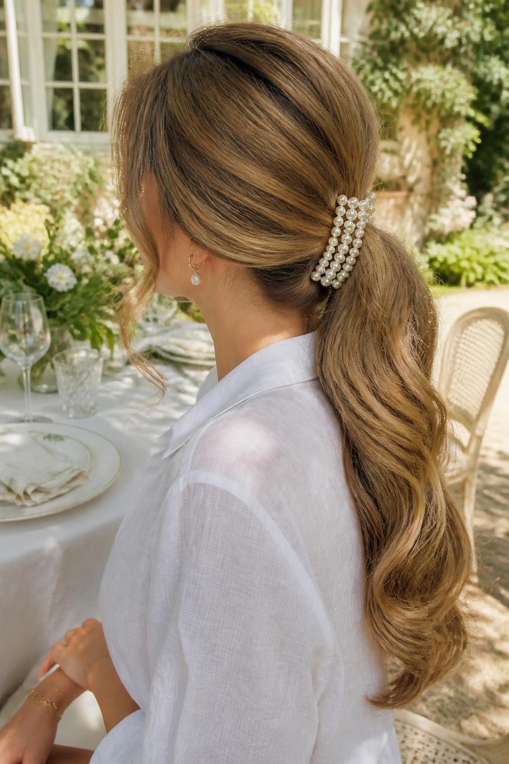 Image Prompt:
A realistic beauty photo of a woman with long honey blonde hair styled into a low ponytail secured with a wide pearl French clip, soft volume at the crown, curled ponytail ends, loose tendrils around the cheeks, white linen blouse, airy garden brunch background, bright natural daylight, romantic feminine ponytail inspiration, high-resolution DSLR style, no text, (no watermarks on images)