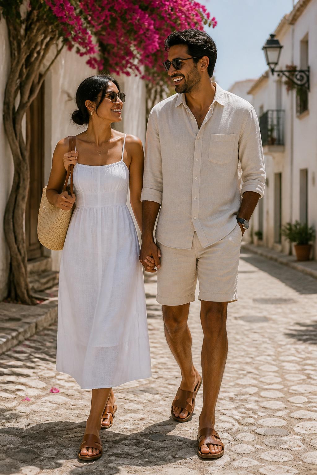 Outfit Image Prompt:
A stylish couple walking through a sunny coastal town in summer, woman wearing a white linen midi dress with thin straps, woven straw tote, tan leather sandals, gold hoop earrings, and soft natural makeup, man wearing a beige linen button-down shirt with matching beige linen shorts, brown leather sandals, sunglasses, and a simple wristwatch, both outfits coordinated in warm neutral tones, cobblestone street, whitewashed buildings, bougainvillea flowers, soft golden daylight, relaxed summer couple fashion, full-body editorial street style photo, realistic fabric texture, diverse couple, no watermarks on images
