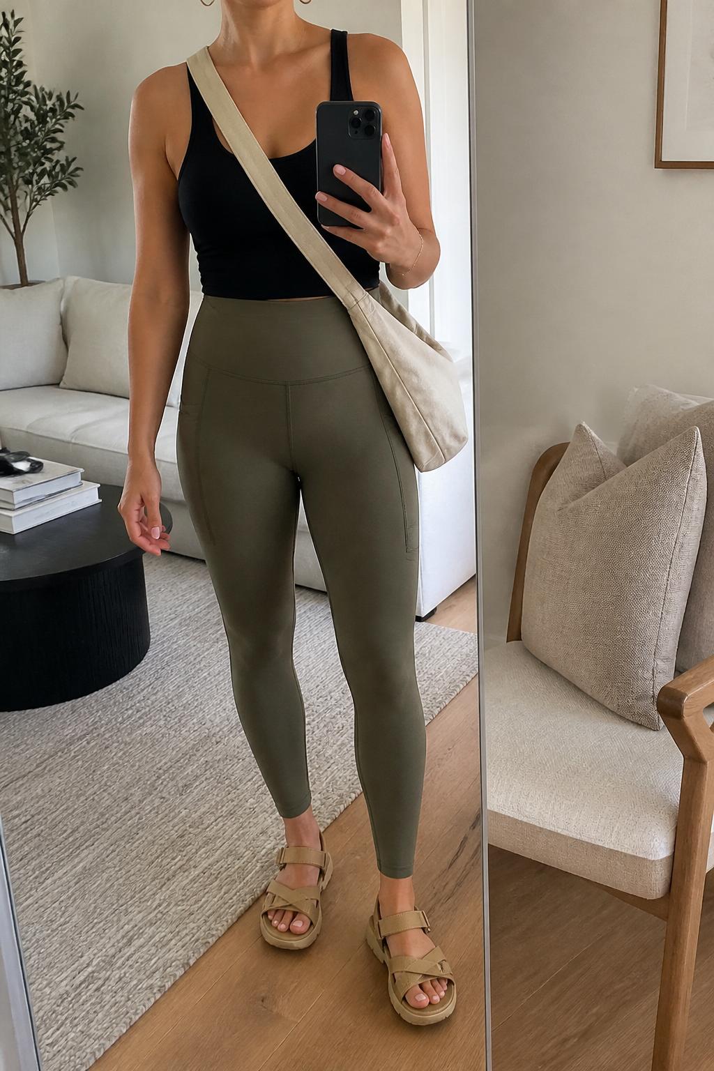 IMAGE_PROMPT: mirror selfie of a woman wearing a black fitted tank top, olive high-waisted pocket leggings, tan sporty sandals, beige canvas crossbody bag, and small silver hoop earrings, clearly showing the same clothing items listed in the Outfit Pieces section, holding a phone in front of a mirror, cropped at the NECK so the face does not show, relaxed casual selfie pose, in a modern living room mirror setup, soft indoor lighting, with accent chair beside the mirror, latest iPhone photo quality.