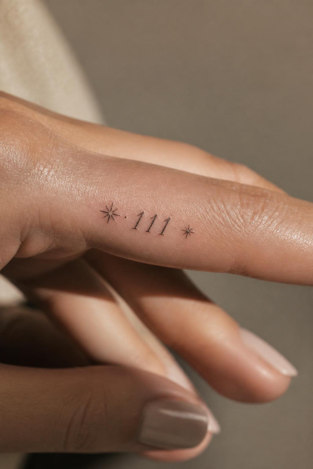Image Prompt: "Macro shot of a small angel number flash tattoo on the side of the finger, fine black handwritten number style, tiny star accents, delicate minimalist linework, neutral manicure, clean skin texture, soft feminine lighting, minimal background, design-focused close-up tattoo inspiration photo"